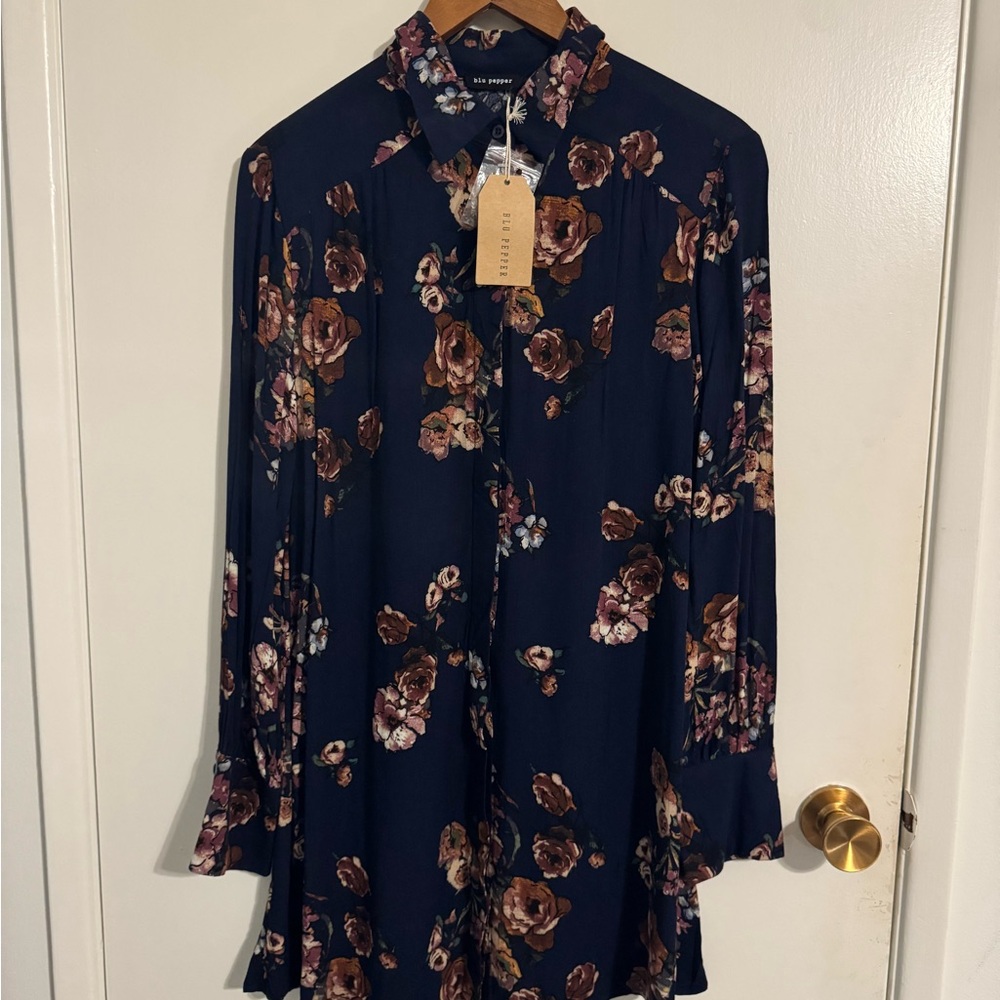 Navy Floral Long Sleeve Blouse